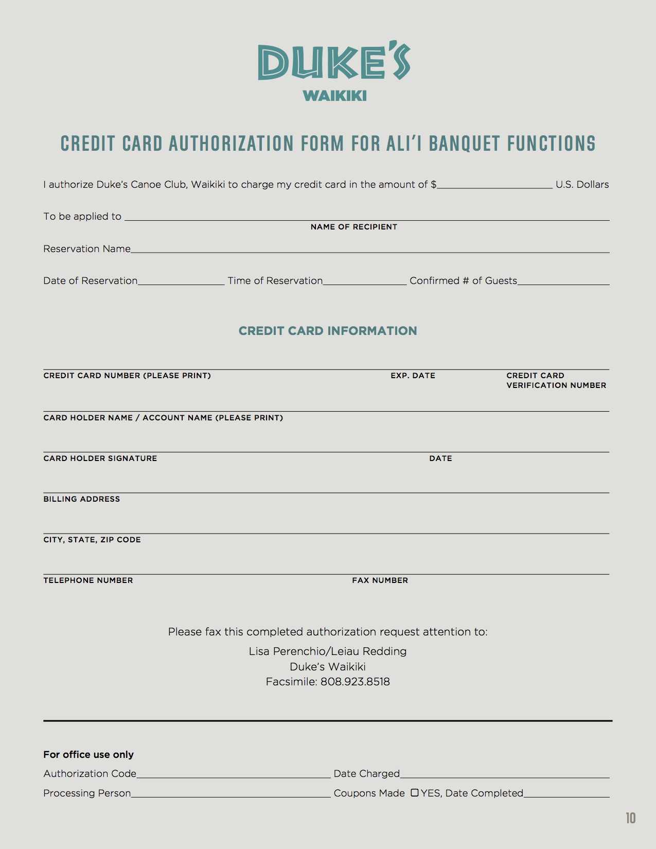 Credit Card Authorization for Banquets