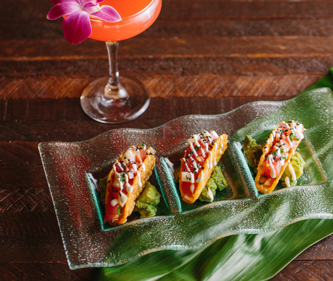 ahi tacos next to cocktail